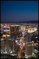 Las Vegas Boulevard and casinos seen from above at sunset. Las Vegas, Nevada, USA