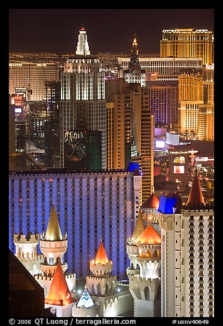 Las Vegas hotels seen from above at night. Las Vegas, Nevada, USA