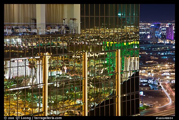Dining room and night reflections, the Hotel at Mandalay Bay. Las Vegas, Nevada, USA (color)
