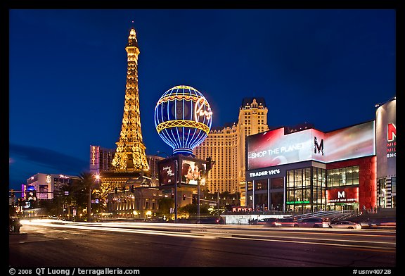 Las Vegas Boulevard and Eiffel Tower replica at dusk. Las Vegas, Nevada, USA