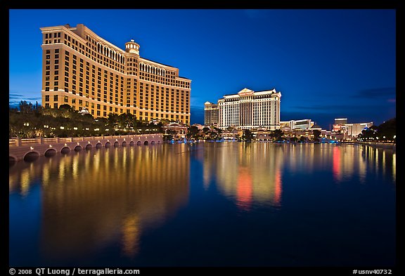 Bellagio and Caesar Palace reflected at dusk. Las Vegas, Nevada, USA (color)