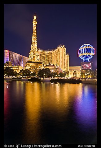 Paris Casino and Eiffel Tower reflected at night. Las Vegas, Nevada, USA (color)