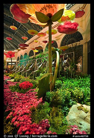 Giant watering cans in indoor garden, Bellagio Hotel. Las Vegas, Nevada, USA (color)