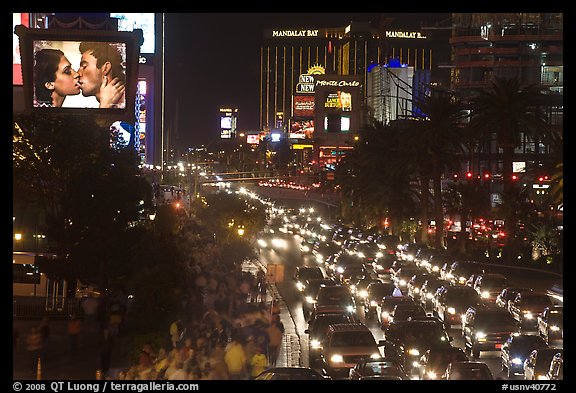 Congested foot and car traffic on Las Vegas Boulevard on Saturday night. Las Vegas, Nevada, USA