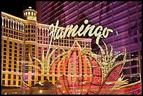 Flamingo hotel lights and Bellagio hotel reflections. Las Vegas, Nevada, USA (color)