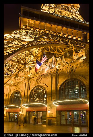 Entrance of Paris Las Vegas hotel below Eiffel tower replica. Las Vegas, Nevada, USA