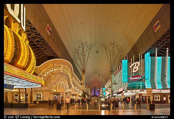 Pedestrian, canopy-covered section of Fremont Street. Las Vegas, Nevada, USA (color)