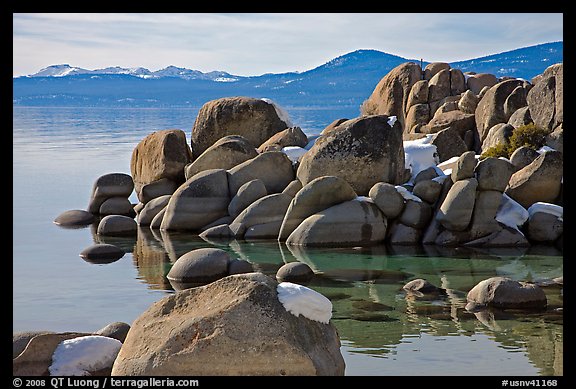 Boulders and lake in winter, Lake Tahoe-Nevada State Park, Nevada. USA (color)