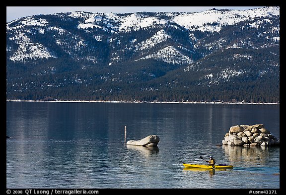 Kakak and mountains in winter, Sand Harbor, Lake Tahoe-Nevada State Park, Nevada. USA (color)