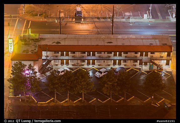 Motel from above on rainy night. Reno, Nevada, USA (color)