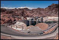 Dam with US 93 route traffic prior to bypass. Hoover Dam, Nevada and Arizona (color)