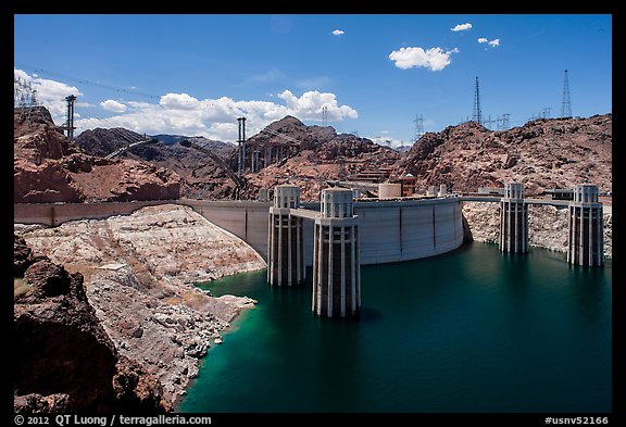Reservoir and dam, Hoover Dam Bypass beeing built. Hoover Dam, Nevada and Arizona (color)