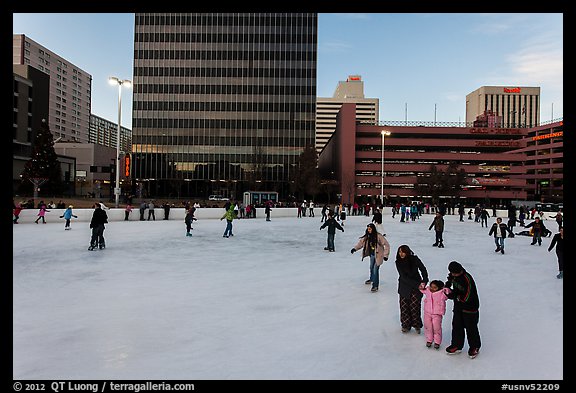 Skaters on holiday ice rink. Reno, Nevada, USA