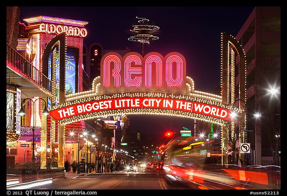 Virginia Street and Reno Arch with lights. Reno, Nevada, USA