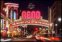 Virginia Street and Reno Arch with lights. Reno, Nevada, USA (color)