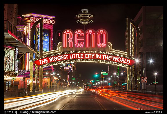 Reno Arch at night with light trails. Reno, Nevada, USA (color)