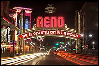 Reno Arch at night with light trails. Reno, Nevada, USA (color)