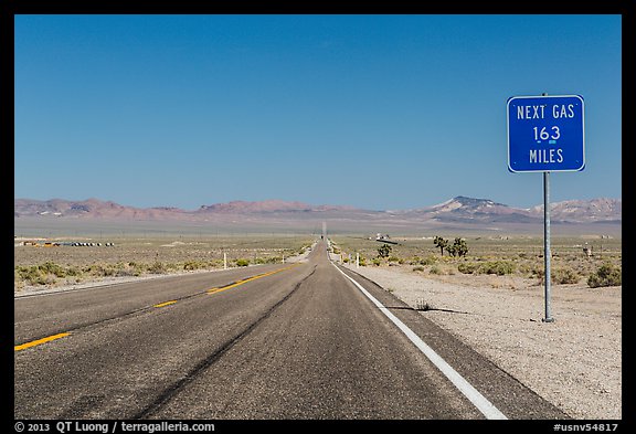 Highway and Next Gas 163 miles sign. Nevada, USA (color)