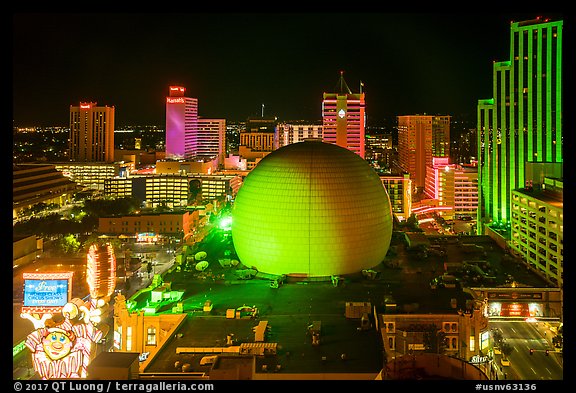 Skyline with Silver Legacy dome at night. Reno, Nevada, USA (color)