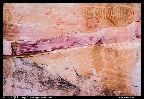 Petroglyphs and multicolored rock. Gold Butte National Monument, Nevada, USA (color)
