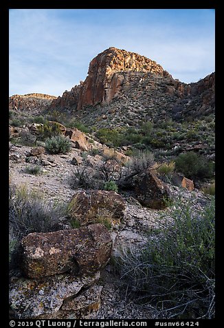 Lichen covered rocks and cliff, White River Narrows Archeological District. Basin And Range National Monument, Nevada, USA (color)