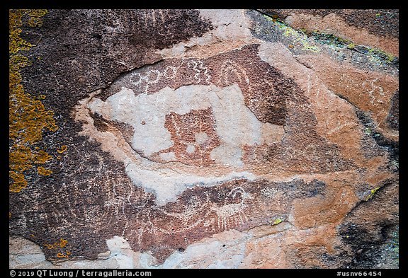 Petroglyphs carved in soft red volcanic rock, Mt Irish Archeological district. Basin And Range National Monument, Nevada, USA (color)