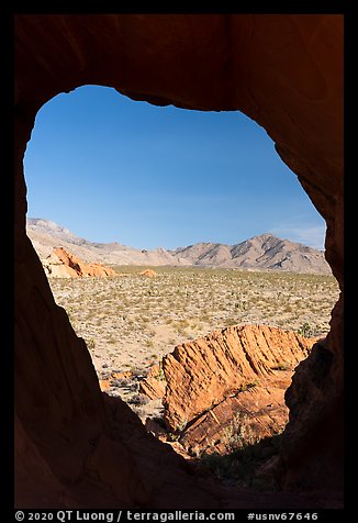 View through rock opening, Whitney Pocket. Gold Butte National Monument, Nevada, USA (color)