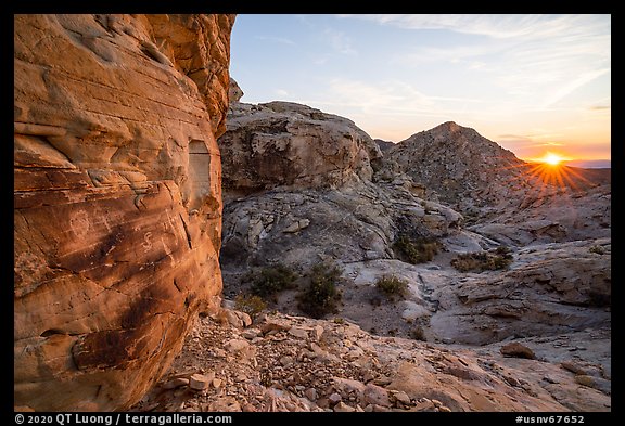 Petroglyphs and setting sun. Gold Butte National Monument, Nevada, USA (color)