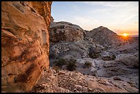 Petroglyphs and setting sun. Gold Butte National Monument, Nevada, USA ( color)