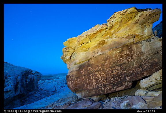 Newspaper Rock with petroglyphs at half light. Gold Butte National Monument, Nevada, USA (color)