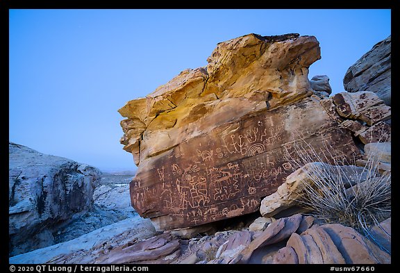 Newspaper Rock with petroglyphs at twilight. Gold Butte National Monument, Nevada, USA (color)