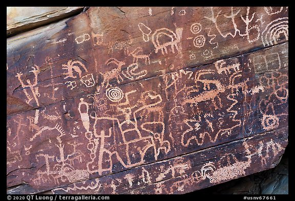 Close up of petroglyphs, Newspaper Rock. Gold Butte National Monument, Nevada, USA (color)