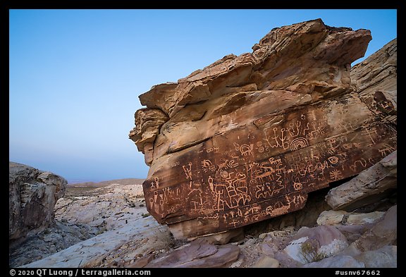 Newspaper Rock with petroglyphs at dawn. Gold Butte National Monument, Nevada, USA (color)