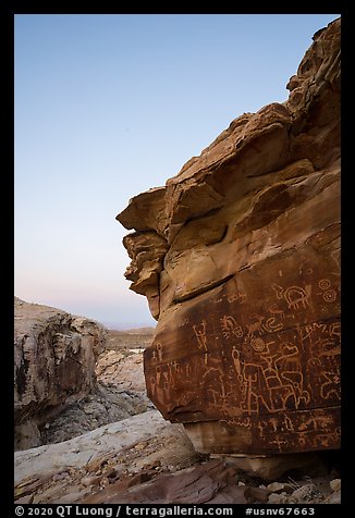 Petroglyphs on Newspaper Rock at dawn. Gold Butte National Monument, Nevada, USA (color)