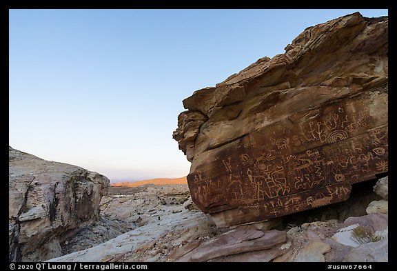 Newspaper Rock with petroglyphs at sunrise. Gold Butte National Monument, Nevada, USA (color)