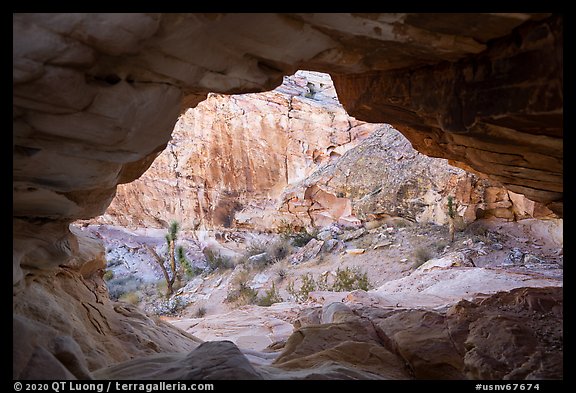 View through sandstone tunnel. Gold Butte National Monument, Nevada, USA