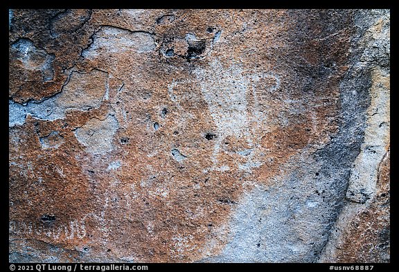 Close-up of snake and Pahranagat Man petroglyph, Shooting Gallery. Basin And Range National Monument, Nevada, USA (color)