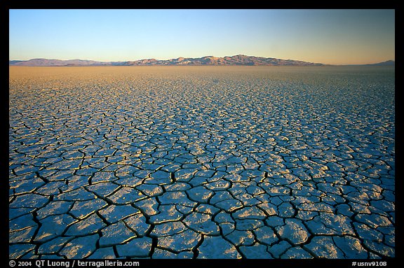 Ancient lakebed with cracked dried mud, sunrise, Black Rock Desert. Nevada, USA (color)