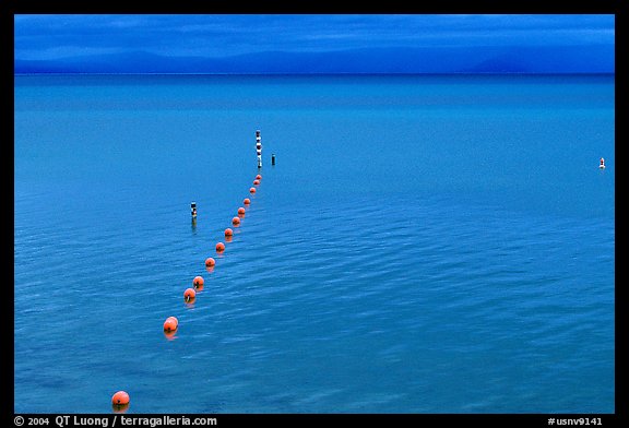 Buoy line and blue lake at dusk, South Lake Tahoe, California. USA