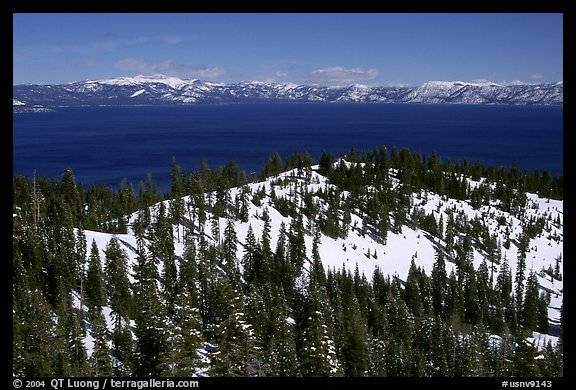 Lake in winter seen from the western mountains, Lake Tahoe, California. USA (color)