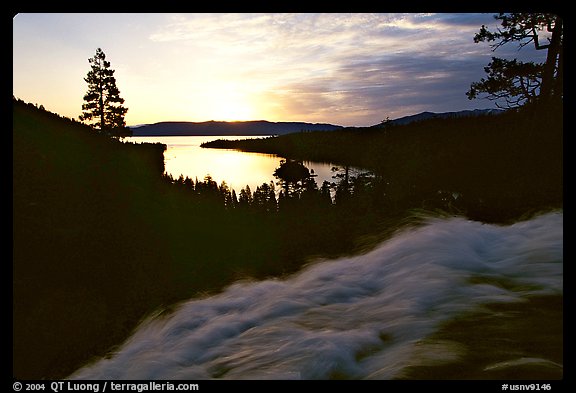 Water rushing down Eagle Falls, sunrise, Emerald Bay, California. USA (color)