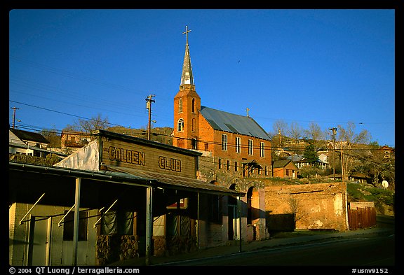 Main Street and church, sunset, Austin. Nevada, USA (color)