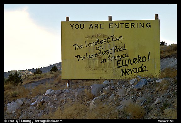 Loneliest town on the loneliest road sign. Nevada, USA (color)