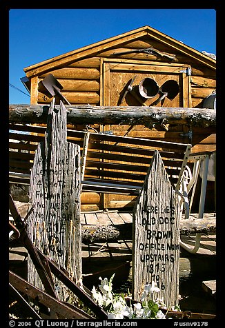 Cabin with old mining equipment, Pioche. Nevada, USA (color)