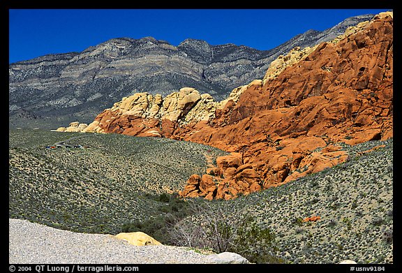 Red sandstone formations, and green hills, Red Rock Canyon. Red Rock Canyon, Nevada, USA (color)