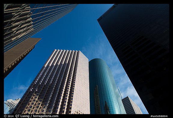 Looking up Skyline District skyscrapers. Houston, Texas, USA (color)