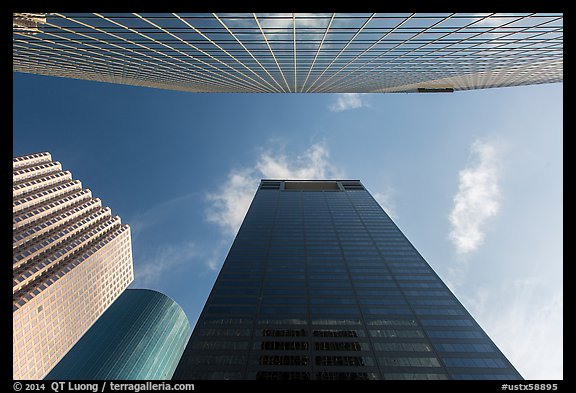 Looking up downtown skyscrapers. Houston, Texas, USA (color)