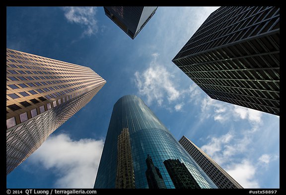 Looking up Skyline District high-rises. Houston, Texas, USA (color)