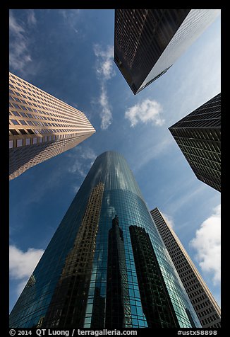 Looking up downtown District high-rises. Houston, Texas, USA (color)