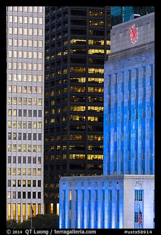 Detail of downtown buildings at dusk. Houston, Texas, USA (color)